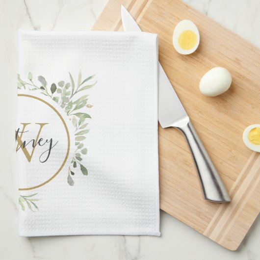 Linge De Cuisine Verdure Or Monogramme Chic Script (Quart Plié)