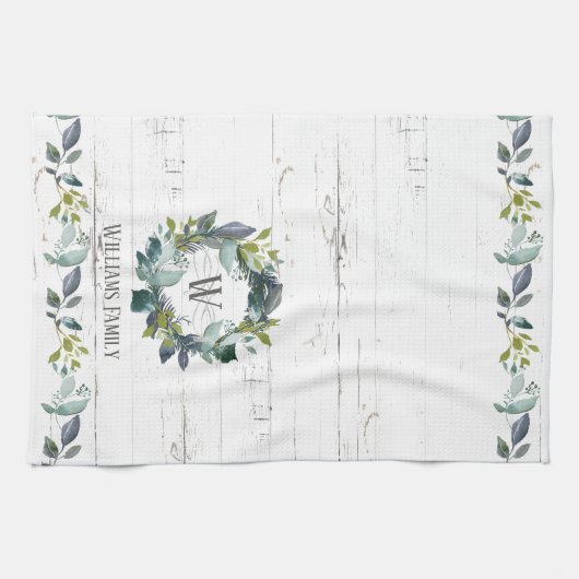 Linge De Cuisine Verdure rustique Aquarelle Laurel Wreath Monogramm (Horizontal)