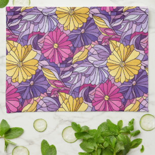 Linge De Cuisine Verre Cathédrale Abstrait Violet Jaune Rose