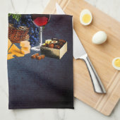 Linge De Cuisine Verres de vin, bouteille, raisin, fromage, chocola (Quart Plié)