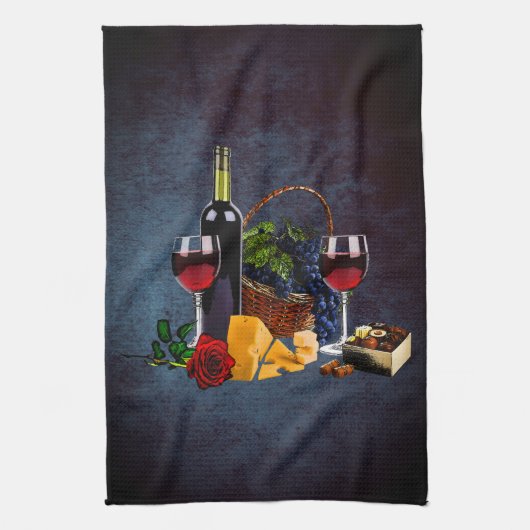 Linge De Cuisine Verres de vin, bouteille, raisin, fromage, chocola (Vertical)