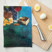 Linge De Cuisine Verres de vin, bouteille, raisin, fromage, chocola (Quart Plié)