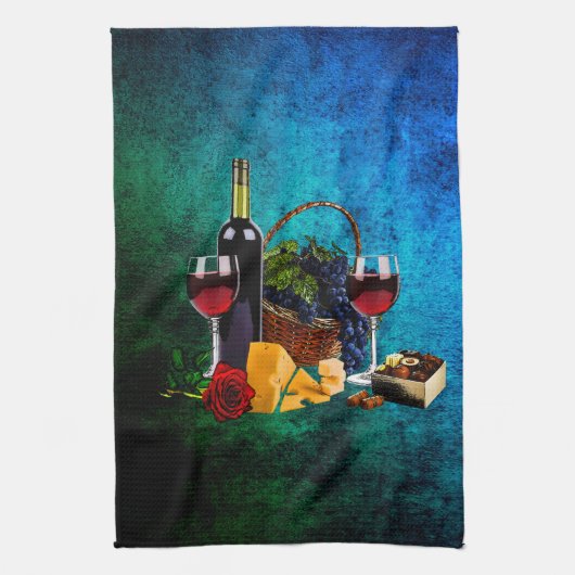Linge De Cuisine Verres de vin, bouteille, raisin, fromage, chocola (Vertical)