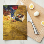 Linge De Cuisine Verres de vin, bouteille, raisins, fromage, (Quart Plié)