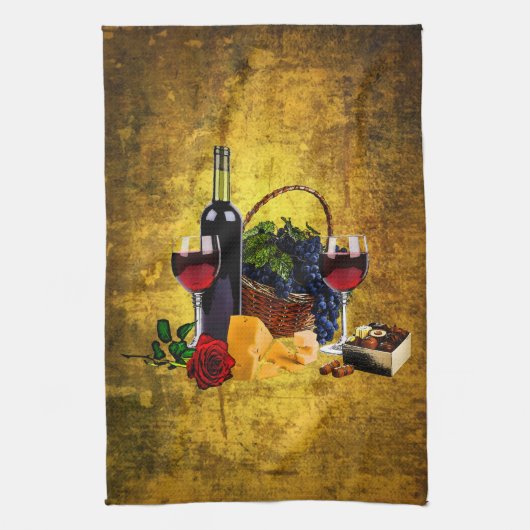 Linge De Cuisine Verres de vin, bouteille, raisins, fromage, (Vertical)