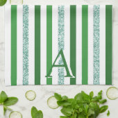 Linge De Cuisine Vert Argent Pailleté Rayé Initiales Moderne Tendan (Plié)