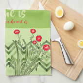 Linge De Cuisine Vert avec floral rouge (Quart Plié)