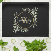 Linge De Cuisine Vert doré monogramme chic écriture noir (Plié)