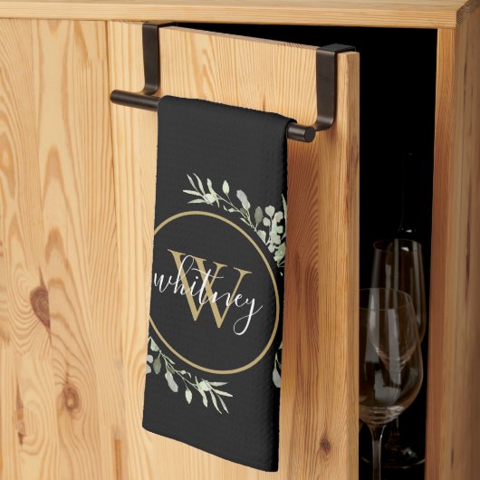 Linge De Cuisine Vert doré monogramme chic écriture noir (Pliage en tiers)