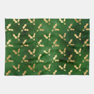 Linge De Cuisine Vert festif et houx de Noël d'hiver en feuille d'o