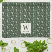 Linge De Cuisine Vert forêt et monogramme de nom Noël beige (Plié)