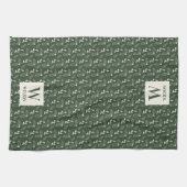 Linge De Cuisine Vert forêt et monogramme de nom Noël beige (Horizontal)
