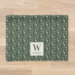 Linge De Cuisine Vert forêt et monogramme de nom Noël beige