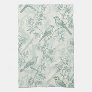 Linge De Cuisine Vert menthe toile de Jouy française oiseaux et fle