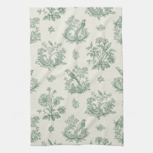 Linge De Cuisine Vert menthe toile de Jouy française oiseaux et fle