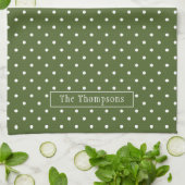 Linge De Cuisine Vert olive et pois blancs avec nom (Plié)