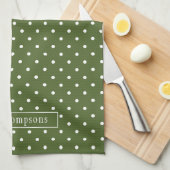 Linge De Cuisine Vert olive et pois blancs avec nom (Quart Plié)