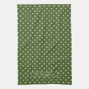 Linge De Cuisine Vert olive et pois blancs avec nom