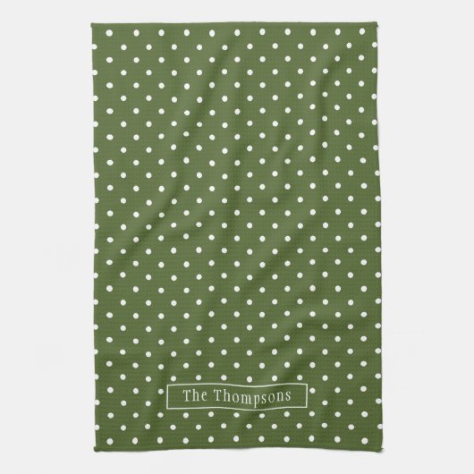 Linge De Cuisine Vert olive et pois blancs avec nom (Vertical)