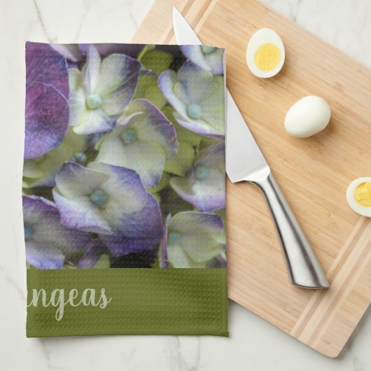 Linge De Cuisine Vert pourpre et crème Hydrangée Belle florale (Quart Plié)
