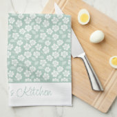 Linge De Cuisine Vert sauge pastel clair fleurs boho blanches (Quart Plié)