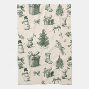 Linge De Cuisine Vert sauge vintage Noël Toile de Jouy (2)