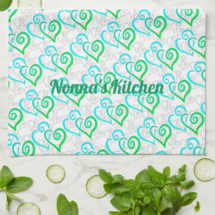 Linge De Cuisine Vert Turquoise Linked Heart Art Personnalisé
