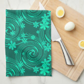 Linge De Cuisine vert turquoise motif floral clair (Quart Plié)