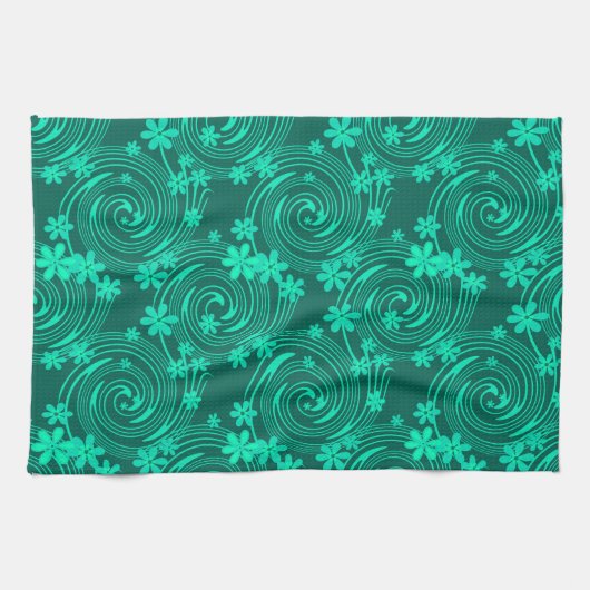Linge De Cuisine vert turquoise motif floral clair (Horizontal)