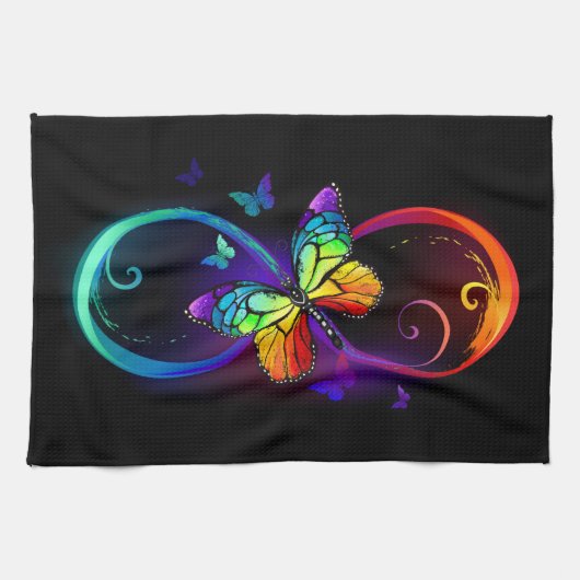 Linge De Cuisine Vibrant infinity with rainbow butterfly on black (Horizontal)