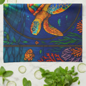 Linge De Cuisine Vibrant Stained Glass Sea Turtle Ocean Design (Plié)