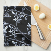 Linge De Cuisine Vignes argentées bleues de fleur sur le noir (Quart Plié)