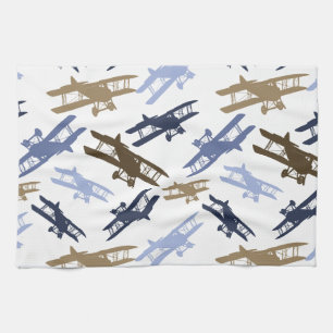 Linge De Cuisine Vintage Biplane Motif d'avion bleu Brown