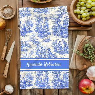 Linge De Cuisine Vintage bleu toile de jouy imprimé