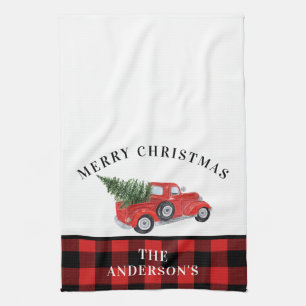 Linge De Cuisine Vintage Camion Rouge Arbre de Noël Plaid Ferme