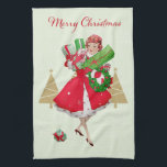 Linge De Cuisine Vintage Christmas Lady présente Red Green Gold<br><div class="desc">Noël tel qu'il semblait dans les années 1950 avec cette oeuvre rétro d'une dame toute habillée en robe pleine jupe en rouge.</div>