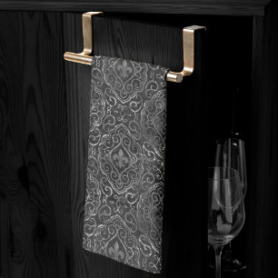 Linge De Cuisine Vintage Fleur de Lis   Black Silver Grunge Damask
