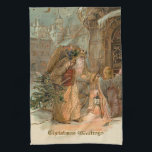 Linge De Cuisine Vintage Gold Père Noël et Ange<br><div class="desc">Vieux monde Père Noël en robes d'or fortement ornementées portant des cadeaux et arbre avec ange ailé. Champ de texte modifiable facultatif.</div>