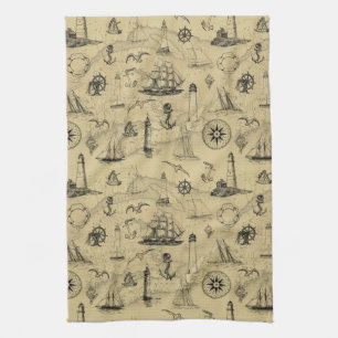 Linge De Cuisine Vintage Nautique Ancien Motif Carte