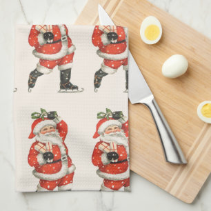 Linge De Cuisine Vintage Noël victorien Père Noël Patinage sur glac