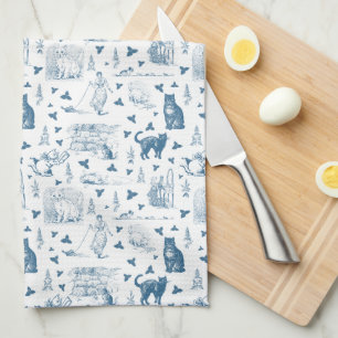 Linge De Cuisine Vintage Retro Toile Motif Chat Catnip Blanc Bleu