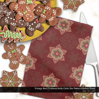 Linge De Cuisine Vintage rouge Noël Holly Celtic Star Motif