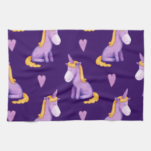Linge De Cuisine Violet Unicorns Hearts Aquarelle Motif.