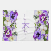 Linge De Cuisine Violet violet floraux blanc monogramme nom script (Horizontal)