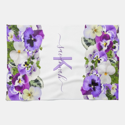 Linge De Cuisine Violet violet floraux blanc monogramme nom script (Horizontal)