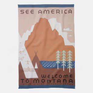 Linge De Cuisine Voir l'Amérique Bienvenue au Montana, Vintage voya