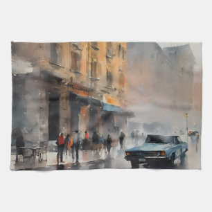 Linge De Cuisine Voiture bleue vintage à Foggy Cityscape