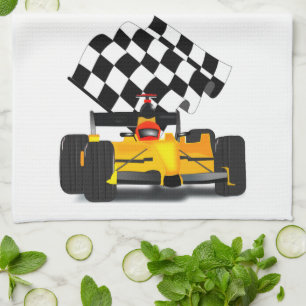 Linge De Cuisine Voiture de course jaune avec drapeau À damiers