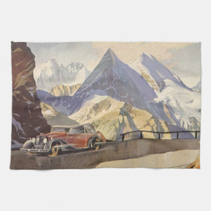 Linge De Cuisine Voiture vintage sur route de montagne en hiver ave