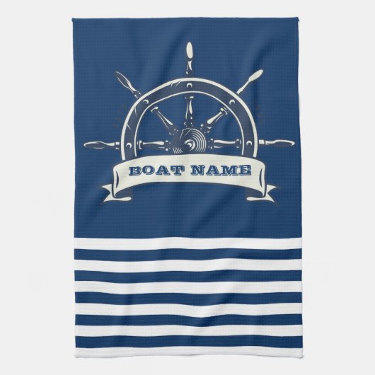 Linge De Cuisine Volant de bateau nautique, rayures bleu marine (Vertical)